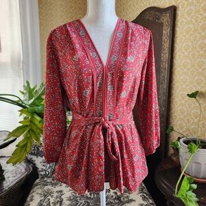 Max Studio Red Floral Top Waist Belt Long Sleeve Medium